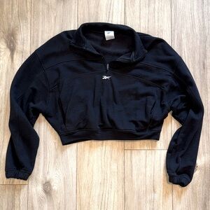 REEBOK Black & White Logo Quarter Zip Cropped Long Sleeve Sweatshirt